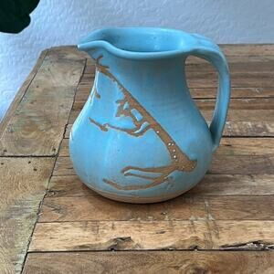 Handmade Stoneware Pitcher 6.5" Blue Glaze Abstract Line Art with handle